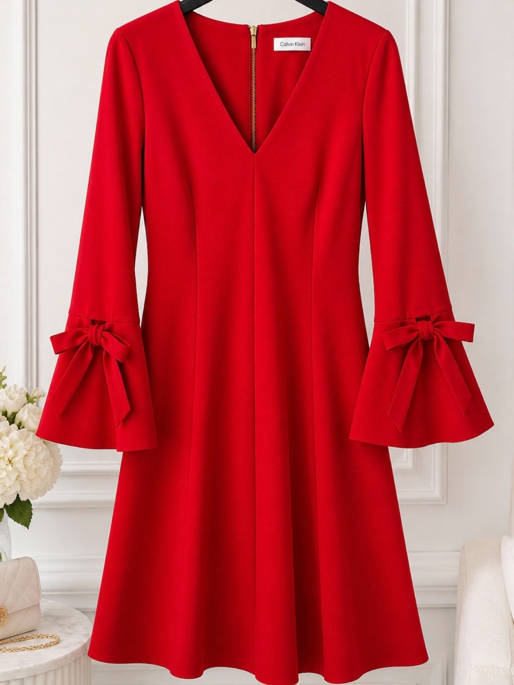 Calvin Klein Red V-Neck A-Line Cocktail Dress with Bell Sleeves